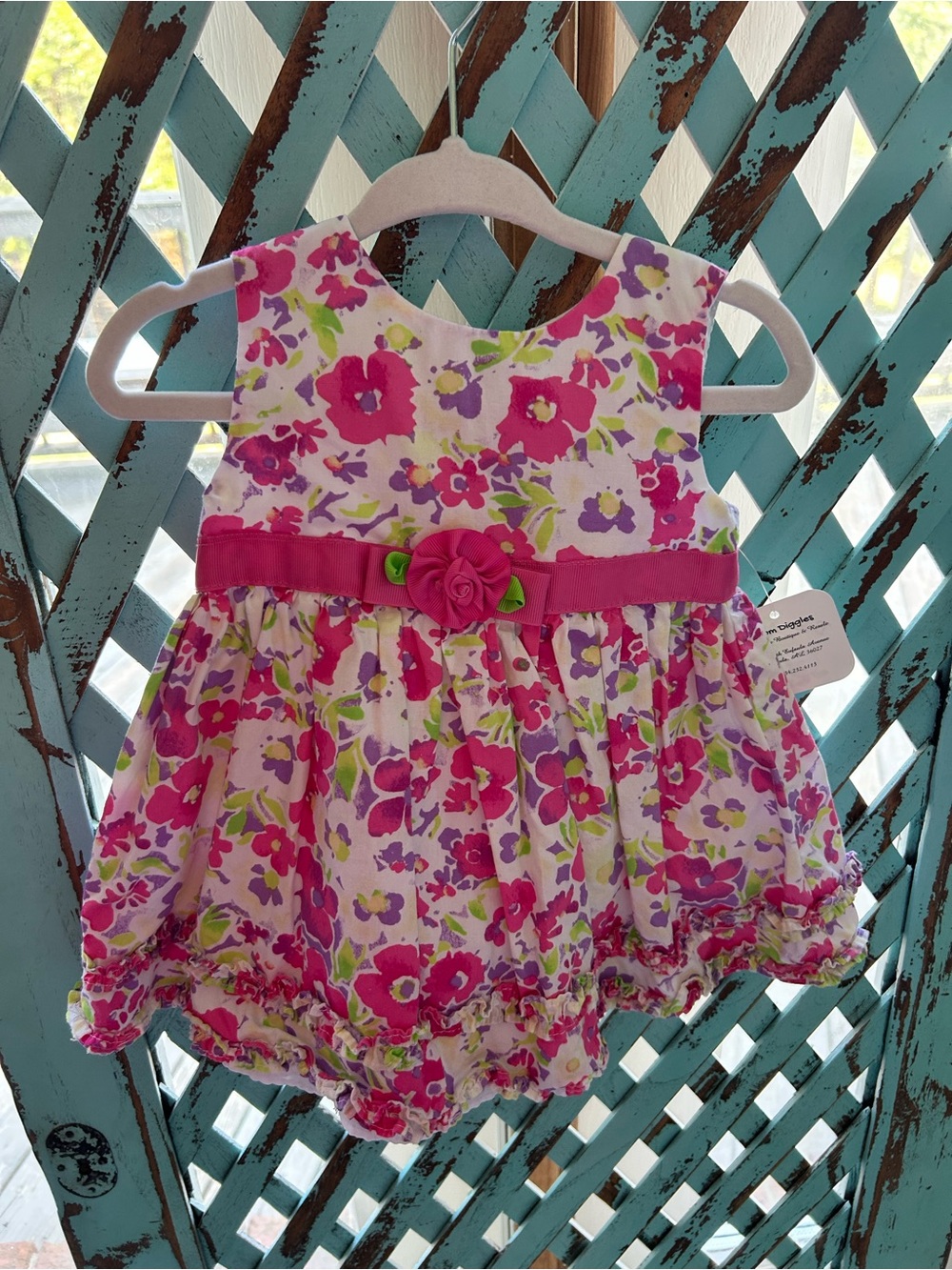 Girls Floral Pink Sleeveless Dress with Rose Accent